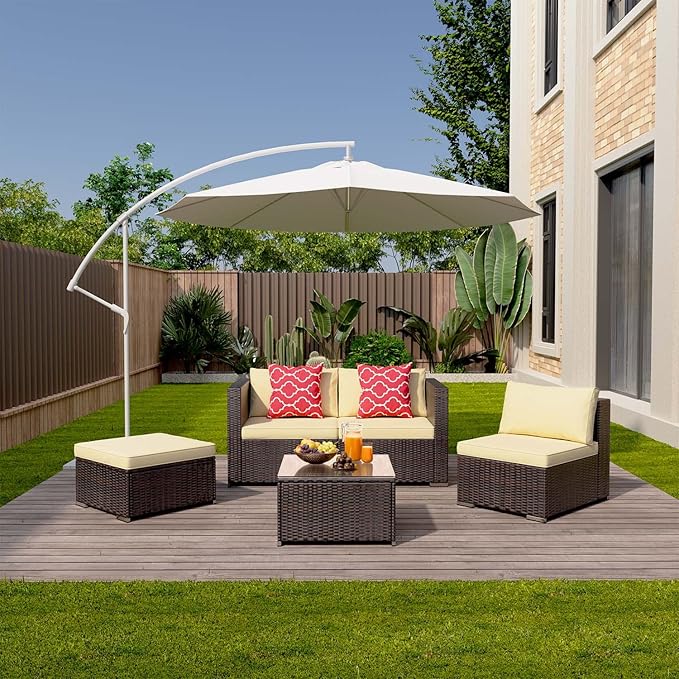 Aiho Patio Furniture Set All Weather Outdoor Sectional Patio Sofa Set with Tempered Coffee Table, for Backyard Porch, Beige