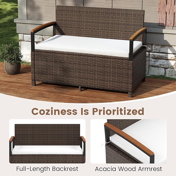 RELAX4LIFE Wicker Outdoor Storage Bench - Rattan Deck Box w/Protective Liner for Patio Furniture Pillows, Pool Supplies & Garden Tools, Porch Loveseat with Seat Cushion, Acacia Wood Armrests