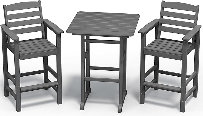 SERWALL Balcony Adirondack Chairs and Table 3 Pieces Set, Adirondack Bar Height Chairs Set of 2 and Bar Table, Outdoor Bar Stools Set, Gray