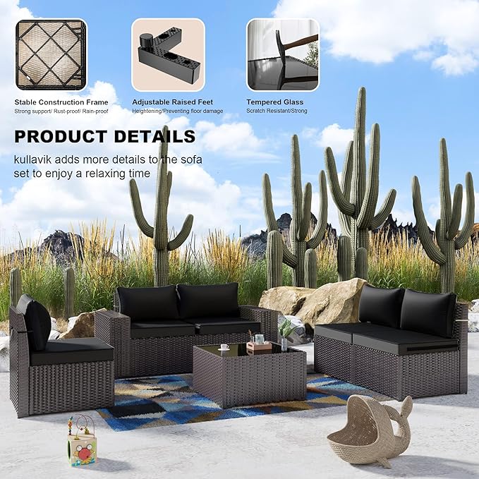 Kullavik 6PCS Outdoor Patio Furniture Set PE Wicker Rattan Sectional Sofa Patio Conversation Sets,Black