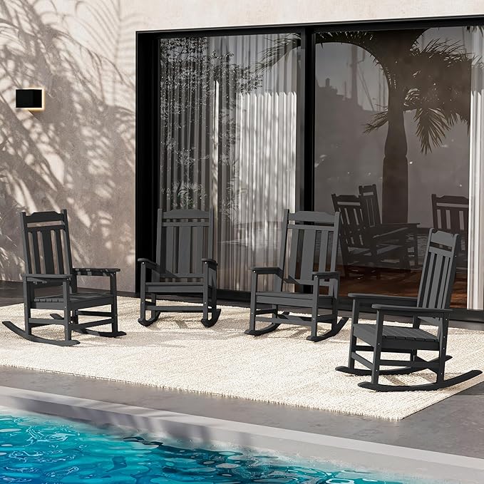 SERWALL Oversized Rocking Chair Set of 4 Outdoor, HDPE Outdoor Rocking Chair Set of 4, Black