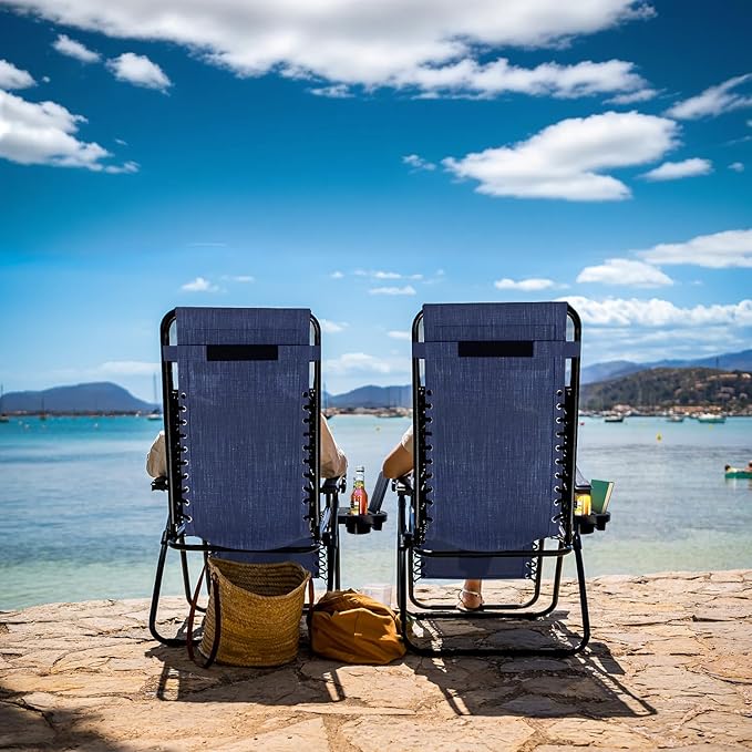 Nestl Zero Gravity Chairs Set of 4, Patio Lounge Chair Outdoor with Pillows & Cup Holder Trays, Adjustable Steel Mesh Reclining Camping Chair, Folding Patio Lawn Chair for Deck, Beach, Yard - Blue
