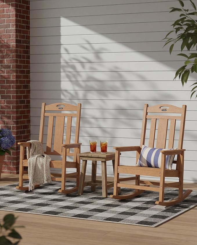 Ciokea Oversized Outdoor Rocking Chairs Set of 4, 380lbs Heavy-Duty Large Patio Rocker, High Back Cozy Porch Chairs, Weather Resistant Patio Rocking Chairs for Outside, Fire Pit, Deck, Teak