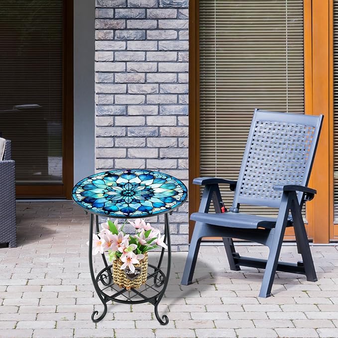 Outdoor Side Table Round Small Mosaic Patio Accent Indoor End Plant Coffee Tea Table for Yard Patio Porch Garden Living Room, Bedroom(Mandala Style,12 Inch)