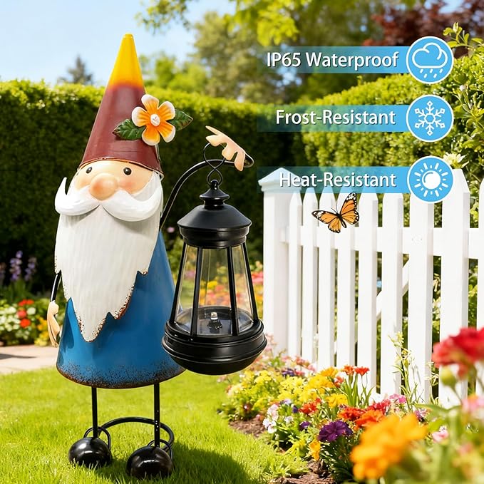 Solar Garden Gnome Statue with Lights,14.56in Tall Solar Gnome Garden Sculptures, Birthday Gift for Woman Grandma Big Metal Decorative for Outdoor Patio Porch Ornaments Lawn Yard Balcony