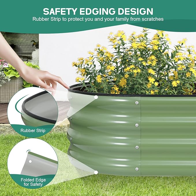 Galvanized Raised Garden Bed - 6×2×1ft Planter Raised Beds for Gardening | Oval Metal Garden Planter Box with Safety Edging and Gloves for Vegetables Fruits and Flower OliveGreen