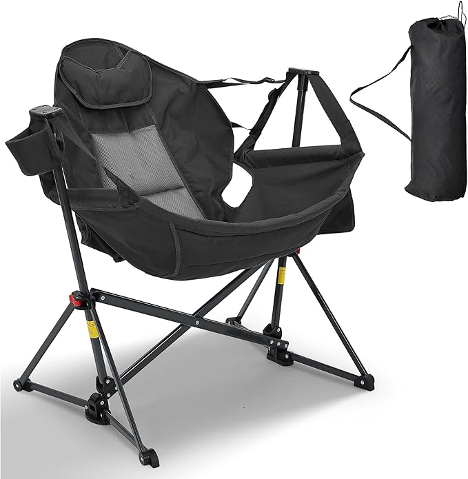 Ainfox Hammock Camping Chair, Foldable Portable Rocking Chairs for Adults Outside Swinging Camp with Cup Holder Pillow for Outdoor Patio Poolside (Black)