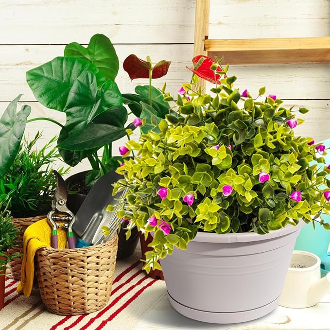 VIDELLY 4 Pcs Hanging Planters,10" Hanging Pots Plastic Hanging Flower Plant Basket with Drainage Trays & Chain Holder for Outdoor Indoor Plants Garden Balcony Decoration, Light Gray