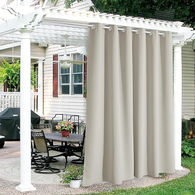 RYB HOME Outdoor Curtains for Patio Waterproof Block Sunlight Thermal Insulated Privacy Assured Thick Outside Curtains for Porch, Gazebo, Pergola, W84" x L84", Natural, 1 Panel