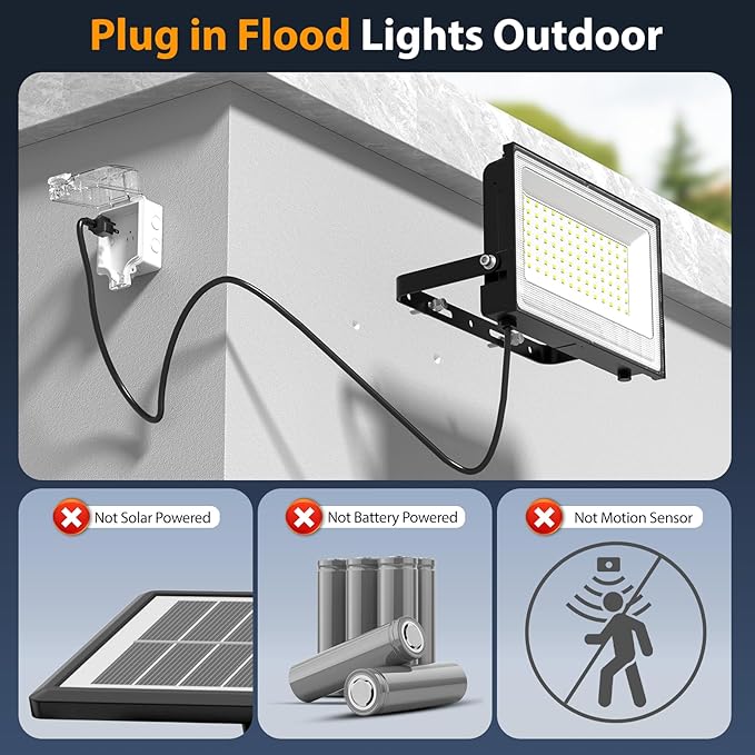 Onforu 120W Flood Lights Outdoor, 12000lm Bright LED Work Light with Plug, 6500K Daylight White LED Flood Lighting, IP66 Waterproof Security Yard Lights for Yard Garage Stadium 2 Pack