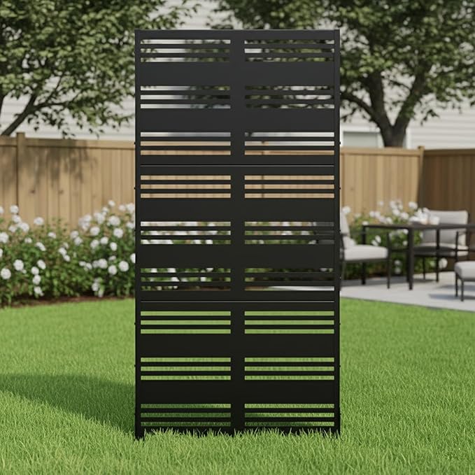 Casaphoria Metal Privacy Screen Outdoor, 72" H x 35" W Freestanding Decorative Privacy Screen for Patio Deck Balcony Garden with Stable Base, Harold Black