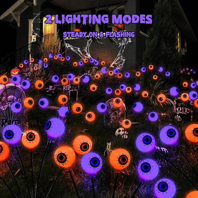 BrizLabs 6 Pack 36 LED Halloween Solar Eyeball Lights, 2 Modes Outdoor Halloween Pathway Lights, Solar Spooky Path Light Waterproof, Swaying Firefly Lighting for Yard Garden Lawn, Orange & Purple