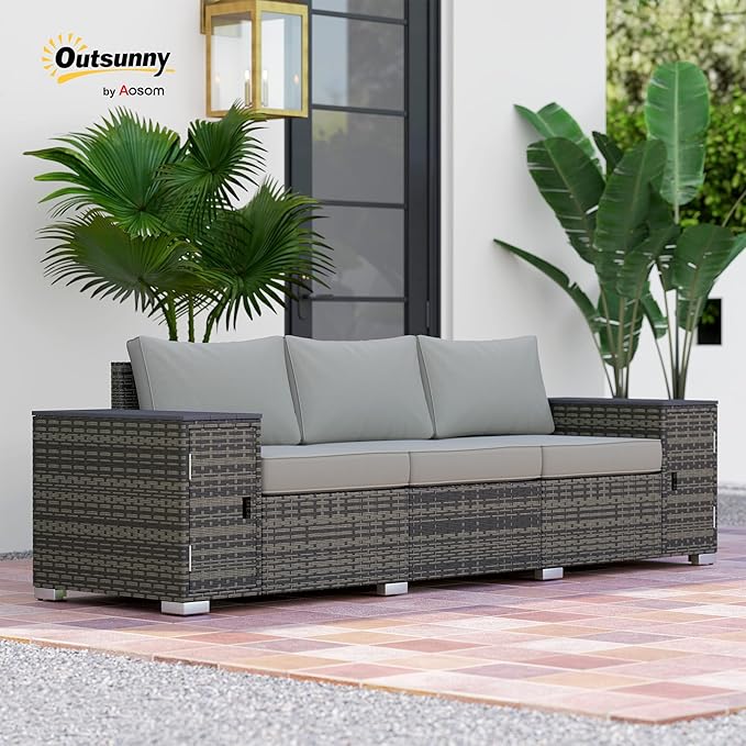 Outsunny 3 Seater Wicker Sofa with 2 Storage Side Tables and Thickened Cushions, Rattan Outdoor Patio Sofa with Wide Armrests, Wicker Outdoor Couch for Porch, Garden, Backyard, Gray