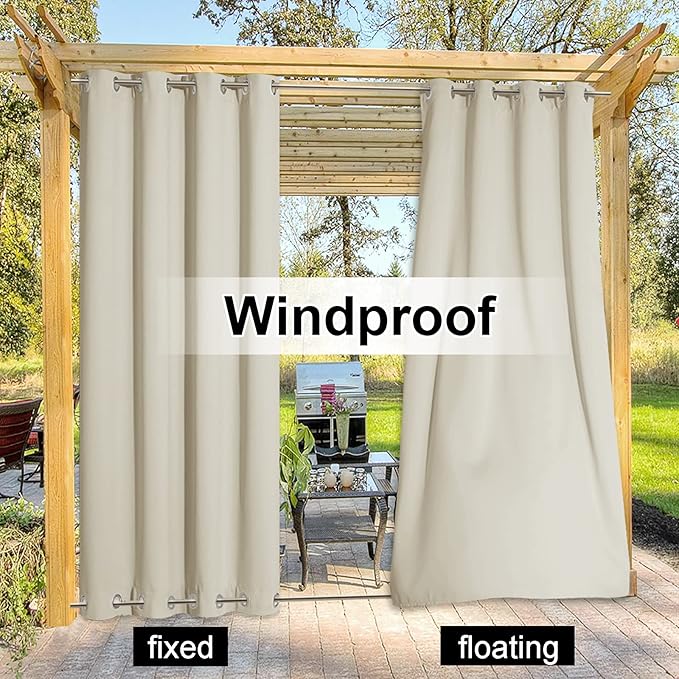 NICETOWN 2 Panels Beige Outdoor Curtains for Patio Waterproof, Sunlight Block Rustproof Grommet Top and Bottom Windbreak Heavy Weight Fixed Outdoor Drapes for Pergola, W52 x L108