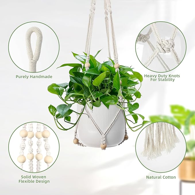 3 PCS Macrame Plant Hanger Indoor Hanging Planter Basket with Wood Beads Plants Holder Decorative Flower Pot Holder (POTS NOT Included) (Ivory White)