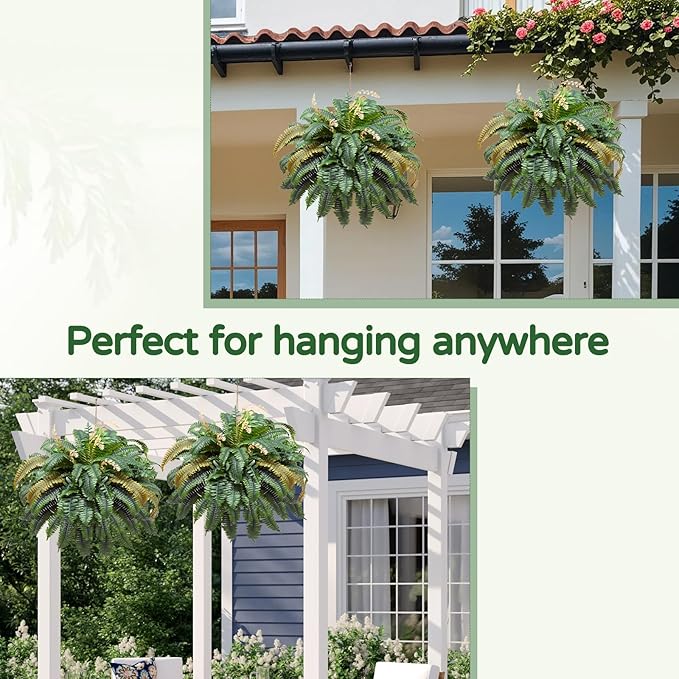 49” Artificial Ferns for Outdoors Planter, 128 Leaves per Fern, Set of 2, Large Lush Fake Boston Ferns Hanging Plants, UV Resistant Faux Greenery for Porch Patio Garden Home Decor Indoor Outdoor