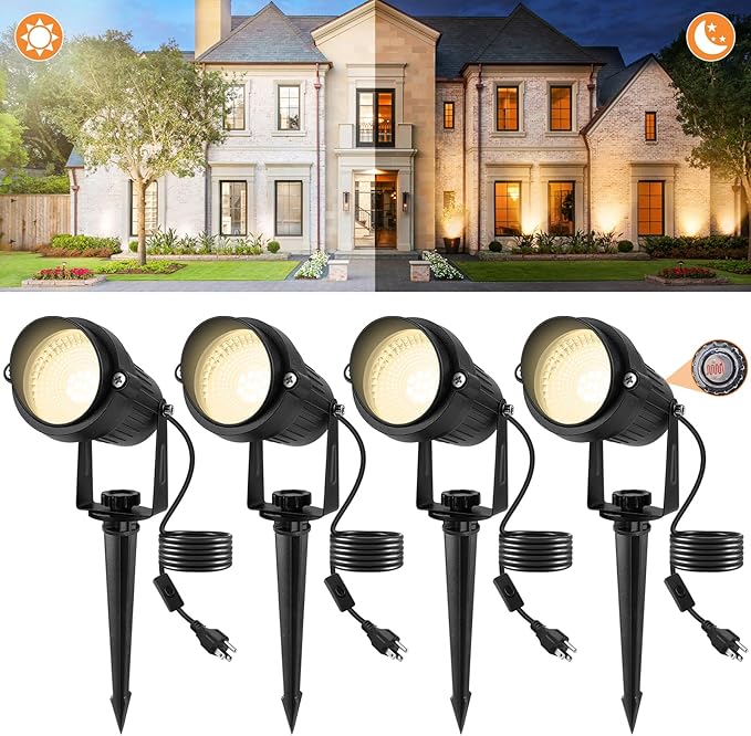 Dusk to Dawn Outdoor Lighting,3000K Warm White LED Landscape Spotlights with Photocell Sensor,Waterproof Spot Lights for Yard Flag Pole House Garden Tree(4 Pack)
