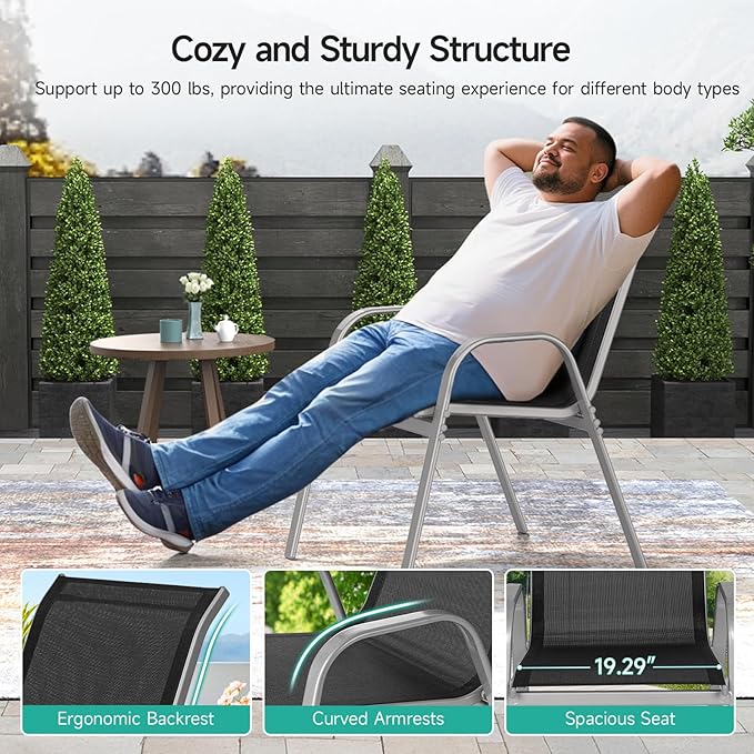 Patio Chairs Set of 6, Easily Set Up Stackable Outdoor Dining Chairs with High Back and Wide Seat, All Weather Breathable Outdoor Chairs Set of 6 with Metal Frame for Backyard Deck Pool, Black