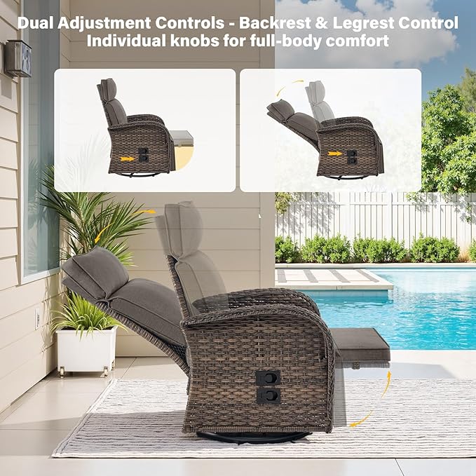 Dual-Adjust Swivel Outdoor Recliner Chair Set of 3 - Reclining Patio Chair with Adjustable Backrest and Footrest, All-Weather Wicker Chaise Lounge Outdoor with Side Table for Pool Deck Brown