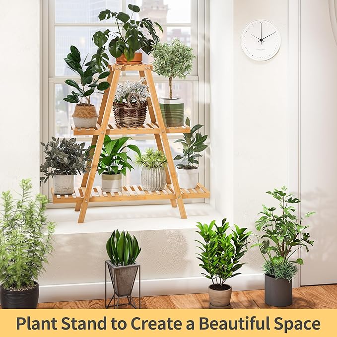 Bamboo Plant Stand - Indoor/Outdoor 3 Tier Plant Ladder, 8 Potted Flower Holder, Natural