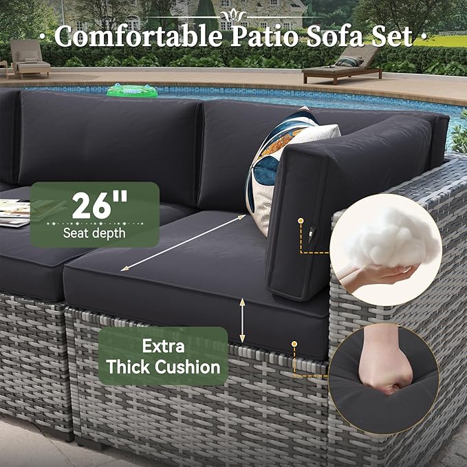 Aoxun 10 Piece Patio Furniture Set Wicker Rattan Patio Conversation Set Outdoor Sectional Sofa Set with Coffee Table and Thickened Cushions, Gray/Black(Waterproof Cover Included)
