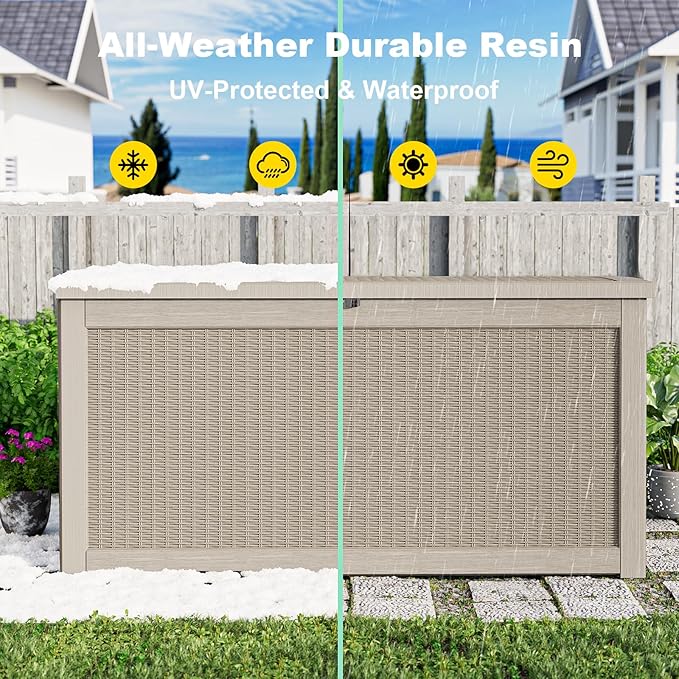 ROJIK Outdoor Storage Housing Deck Box,Waterproof Patio Furniture, Garden Tools, Cushions, Pool Accessories Storage Bench with Lockable Lid and Side Handles (Grey,320 Gallon)