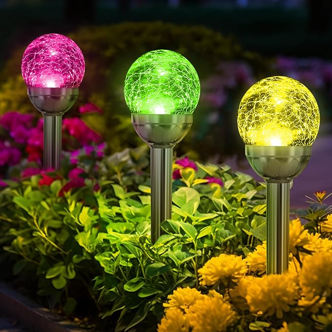 SOLPEX Solar Garden Lights Outdoor, 3 Pack Multi-Color Changing&White 2 Modes Solar Powered Glass Ball Garden Lights Waterproof for Patio Decoration