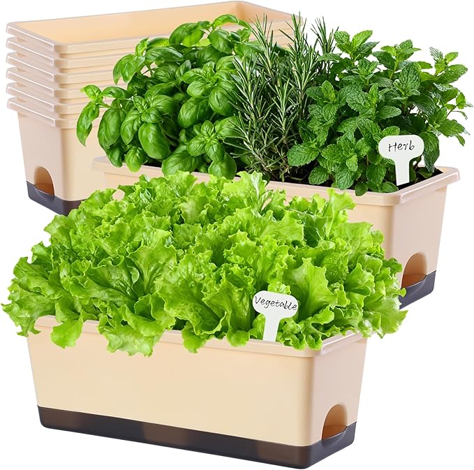 Window Box Planter 8 Pcs, 17 Inches Rectangle Flower Pots with Drainage Holes & Trays, Vegetable Planters for Windowsill Patio Garden Balcony Home Indoor Outdoor (Barley Yellow, 16 * 7 * 6 inch)