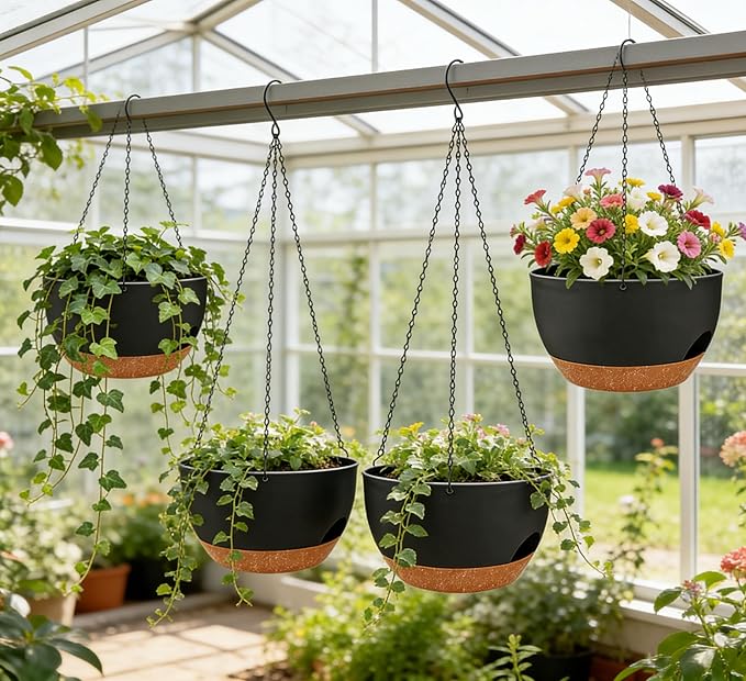 Set of 2-8 Inch Self Watering Hanging Planters for Indoor Outdoor，Hanging Plant Pots with Drainage & Removable Tray, Hanging Pots Holder for Ivy, Pothos, Ferns, Balcony & Patio, Black Brown