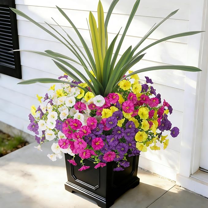 Artificial Flowers for Outdoors Fake Plants Outside, 12 Bundles Silk Morning Glory with Eucalyptus + Orchid Leaf UV Resistant Realistic Faux Flowers for Porch Planter Garden Patio (Mix Color)