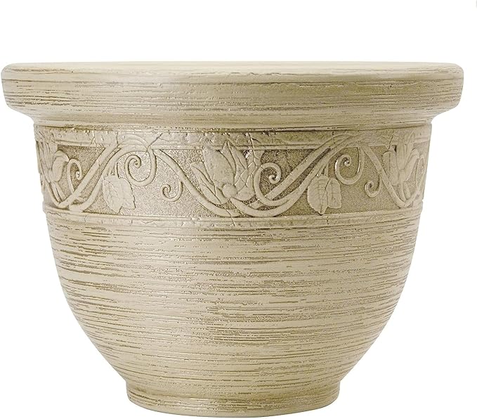 The HC Companies 16 Inch Decorative Round Planter - Lightweight Premium Resin Plant Pot with a Ceramic Look for Indoor Outdoor Use, Champagne White