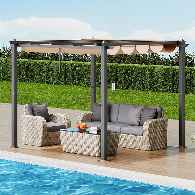 VEVOR 10'x10' Outdoor Retractable Pergola with Canopy, Aluminum Pergola with Retractable Canopy, Modern Style, Sun Shade for Patios, Gardens, Decks, Backyards (Beige)
