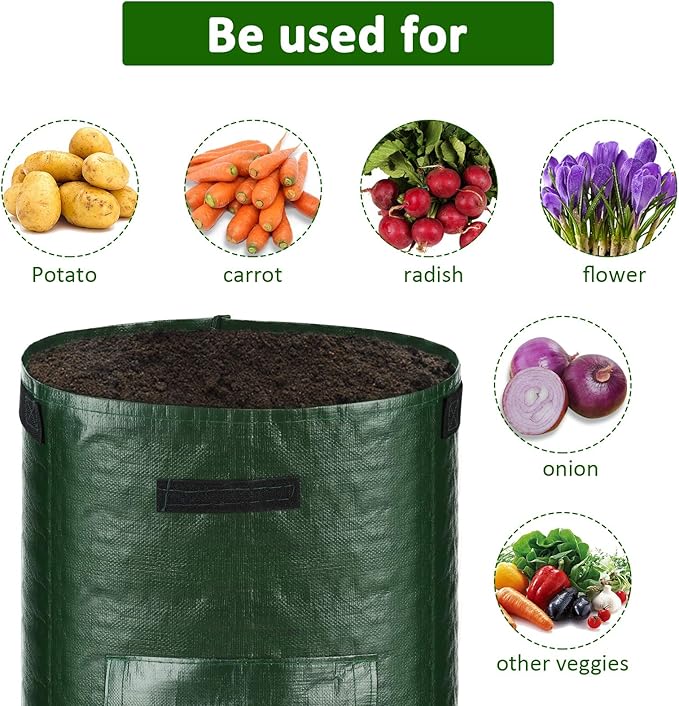 JJGoo 2 Pack 10 Gallon Garden Potato Grow Bags with Flap and Handles Aeration Fabric Planter Pots, Heavy Duty Potato Planters Garden Planting Bags for Onion, Fruits, Tomato, Carrot (Green)