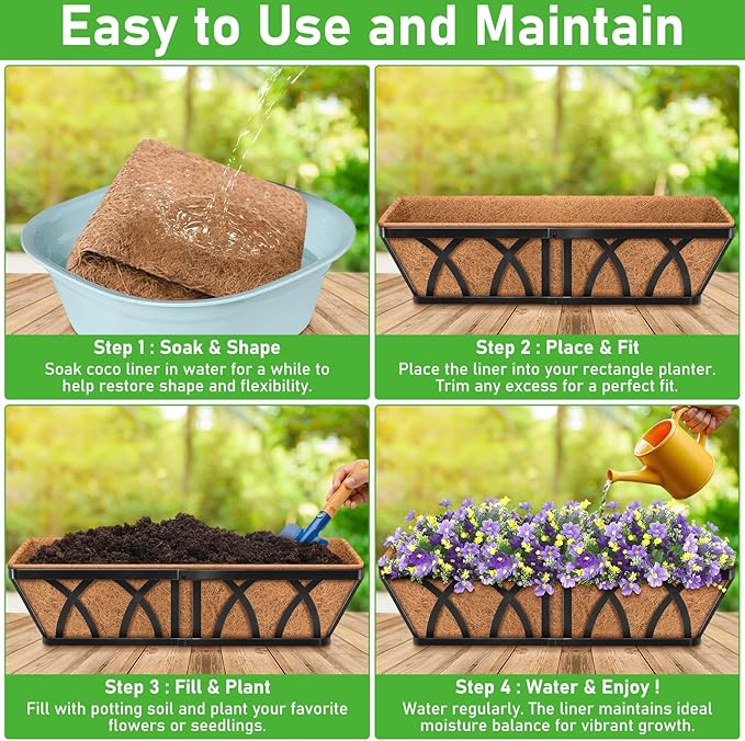 Riare 2 Pack 24 Inch Rectangle Coconut Liners for Planters, Natural Coconut Fiber Planter Liners, Window Box Liner Trough Coco Liner for Outdoor Flower, Garden Wall, Deck & Fence Planter Boxes