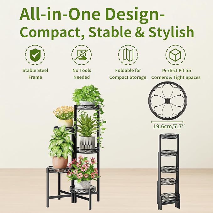 Plant Stand Indoor Outdoor, 5 Tier Corner Metal Flower Display Holder Stand, Folding Tall Plant Rack for Patio Balcony Porch Garden Living Room House, Heavy Duty Wrought Iron Plant Shelf - BlackFlower
