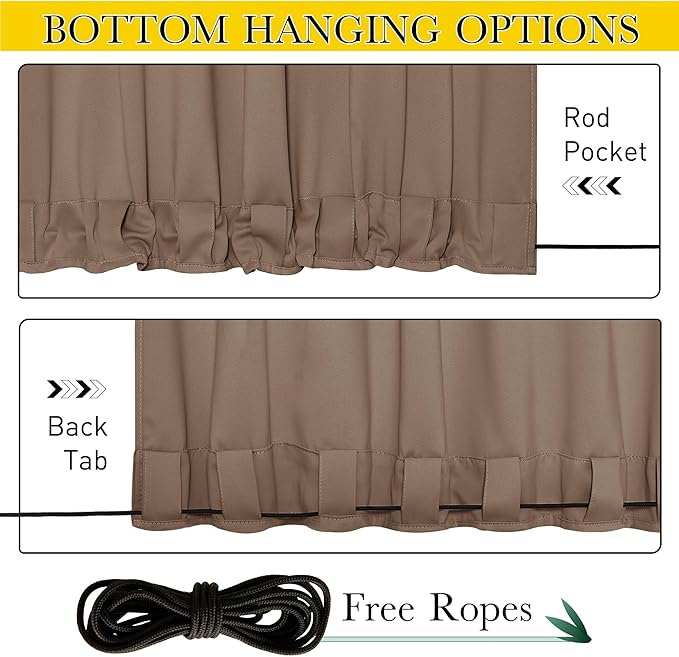 NICETOWN 2 Panels Blackout Patio Waterproof Outdoor Curtains, Top & Bottom Pocket & Back Tab Wind-Break Thermal Drapes Privacy Sound Reducing for Pergola with Fixed Ropes, W52 x L84, Tan-Khaki