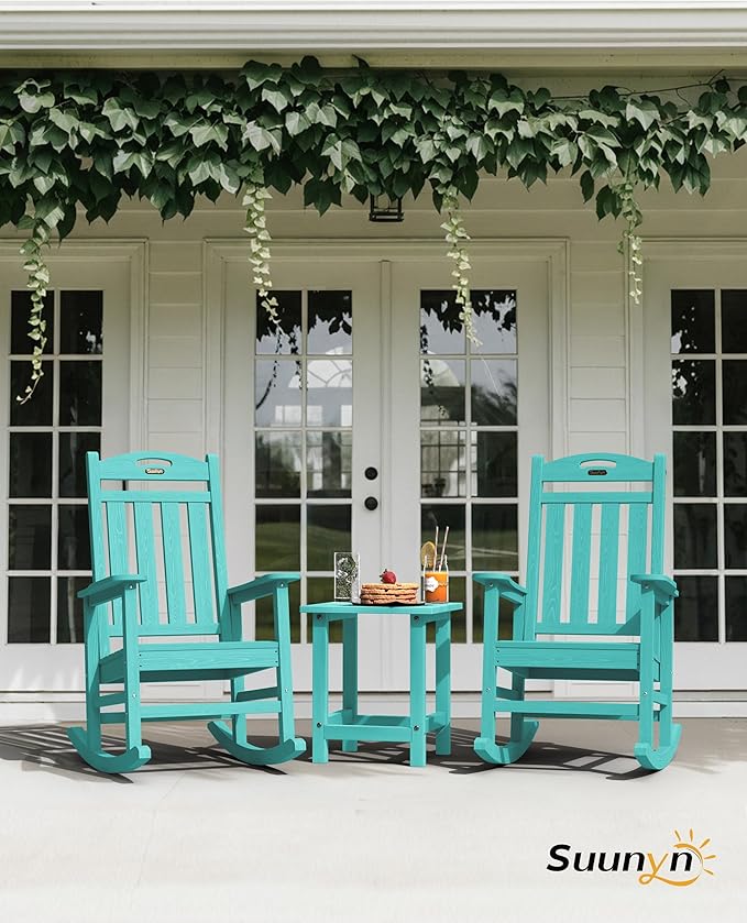 Oversized Rocking Chairs Outdoor Set of 4, High Back Porch Rocking Chair, HDPE All Weather Resistant Patio Chairs, 380lbs Weight Capacity, Lake Blue