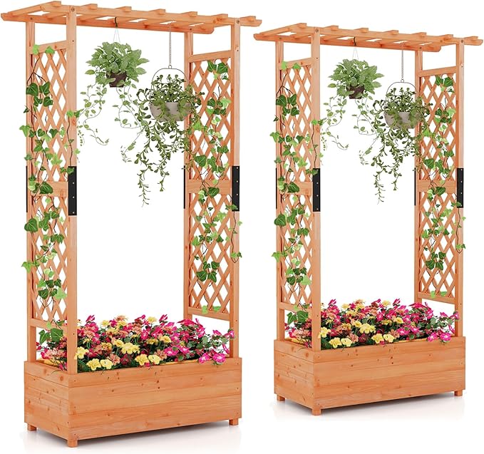 Giantex 2 Pcs Raised Garden Bed with Trellis & Hanging Roof, Wood Planter Box with Bottom & Drainage Holes, Freestanding Garden Planter for Flower Vegetable Fruit Herb Climbing Vines, 43.5"x17.5"x72"