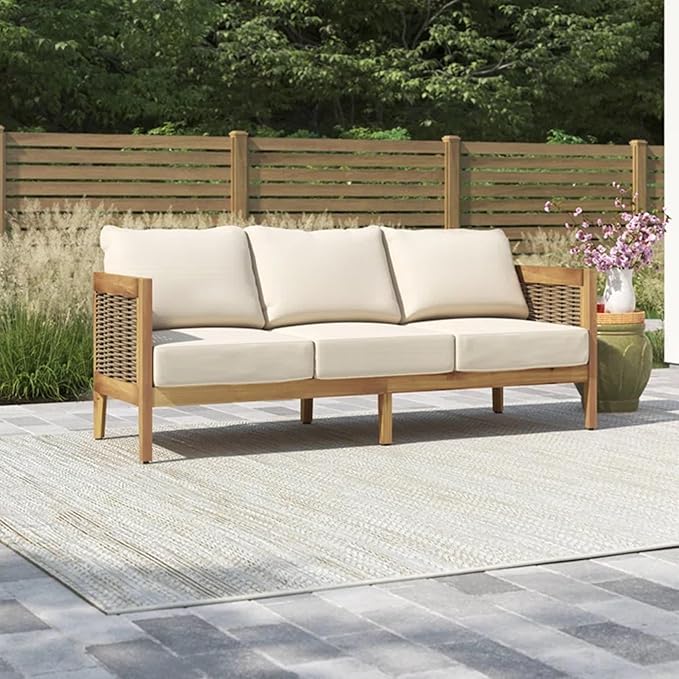 Merax 76.5" Outdoor Acacia Wood Wicker 3 Seater Sofa, Patio Furniture Couch for Backyard