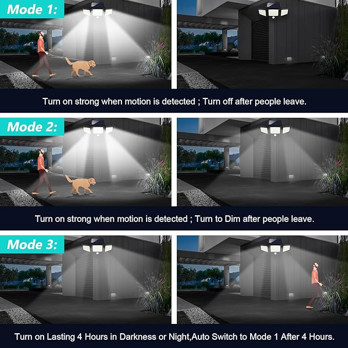 Tuffenough Solar Outdoor Lights 2500LM 210 LED Security Lights with Remote Control,3 Heads Motion Sensor Lights, IP65 Waterproof,270° Wide Angle Flood Wall Lights with 3 Modes(1 Packs)