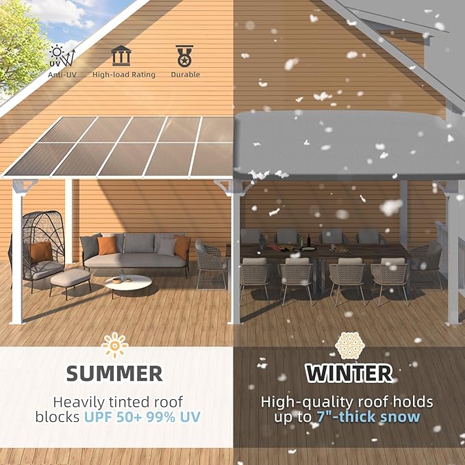 AECOJOY 20' x 8' White Outdoor Gazebo for Patio, Large Wall-Mounted Hard Top 8x20 Lean to Metal Gazebo Shelter Pergolas and Gazebos Clearance with Patio Roof, Heavy Duty Awnings for Patio, Decks