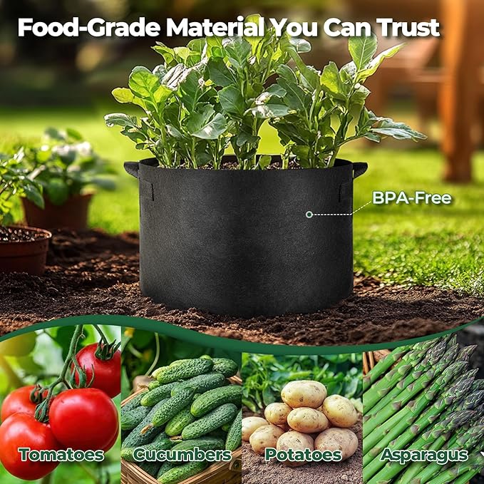 T4U Fabric Plant Grow Bags with Handle 15 Gallon Pack of 5, Heavy Duty Nonwoven Smart Garden Pot Thickened Aeration Nursery Container Black for Outdoor Potato, Tomato, Chili, Carrot and Vegetables