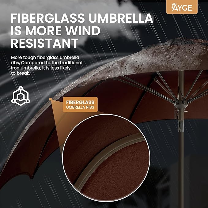 Ayge 9FT Large Outdoor Patio Umbrella Market Table Umbrella-UV Resistant, Easy Push Button Tilt and Crank, 8 Sturdy Fiberglass Ribs Heavy-Duty Pool Umbrella for Deck, Backyard,Garden,Brown