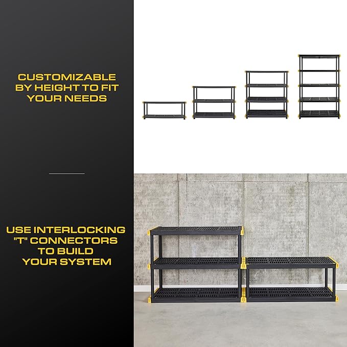 CX Black & Yellow, 5-Tier Heavy Duty Plastic Storage Shelves that Support up to 200lbs/shelf, Organization and Storage, Weather-Resistant Design, Easy Assembly (72”H x 48”W x 20”D)