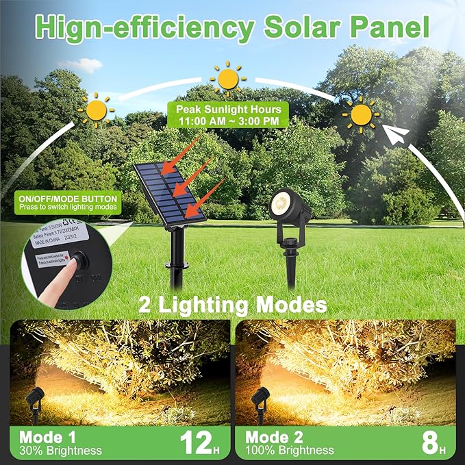 Solar Spotlights Outdoor Waterproof, Warm White Landscape Spotlights, Decorative Solar Spot Lighting for Garden, Yard, Pathway, Lawn, Poolside, Party, 2-in-1 Mounted (Warm White, 1 Pack)