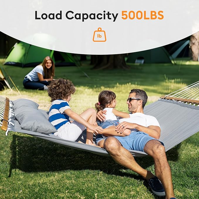 Double Hammock with Spreader Bar & Pillow, Portable 500lbs Capacity for Outdoor, Camping, Patio, Backyard Relaxation,Gray