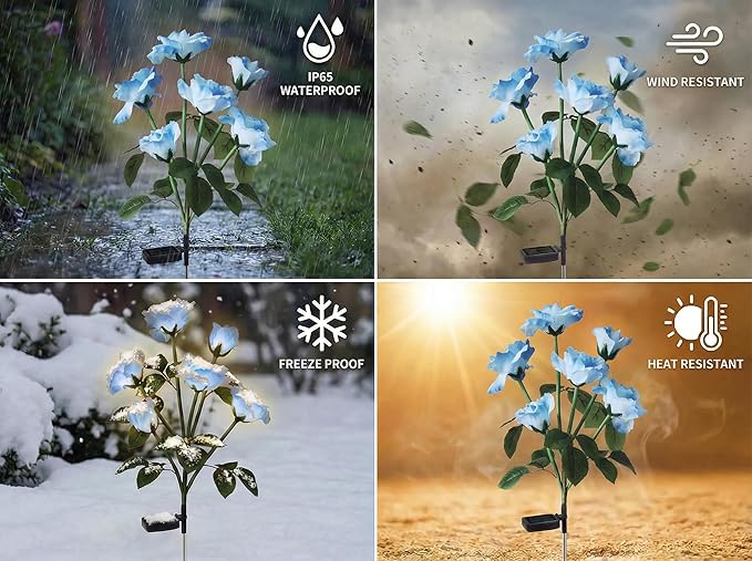 Solar Garden Rose Lights by FANCYPOP, 2 Pack Most Realistic 12 LED Flower Stake Lights, IP65 Waterproof 7 Color Changing Solar Decor for Walkway/Graveyard, Heartwarming Gifts for Grandma & Mom, Blue