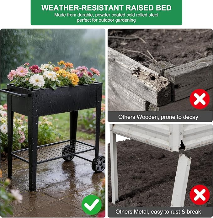 Elevated 32" Tall Raised Garden Bed with Legs and Wheels for Mobility, Metal Planter Boxes Outdoor with Shelf, Raised Bed for Gardening Vegetables/Herbs, Backyard, Patio, Balcony, Black