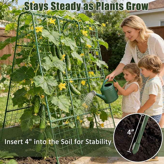 Miory Cucumber Trellis for Raised Beds, 48 x 63 Inch Metal U-Frame Garden Trellis for Climbing Plants Outdoor with Climbing Net, Plant Support for Cucumber Tomato Bean Pea