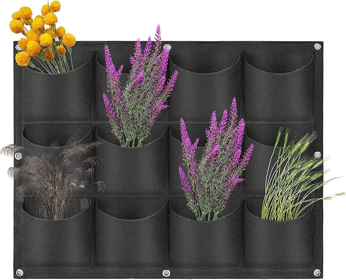 Hanging Planting Grow Bags, 12 Pockets Hanging Vertical Wall Planter Wall Mounted Grow Bag Outdoor Indoor Gardening Vertical Greening Flower Container, Planting Bags Storage Bags(0.6 m × 0.8 m, Black)